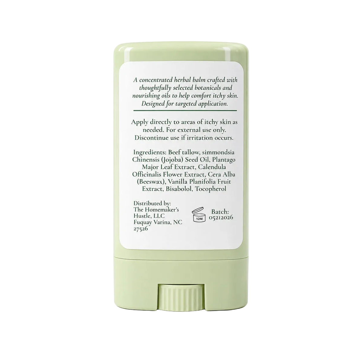 Back of LEVONAH & SPRIG Herbal Itch Support Balm showing ingredients, directions, batch information, and distributor details.