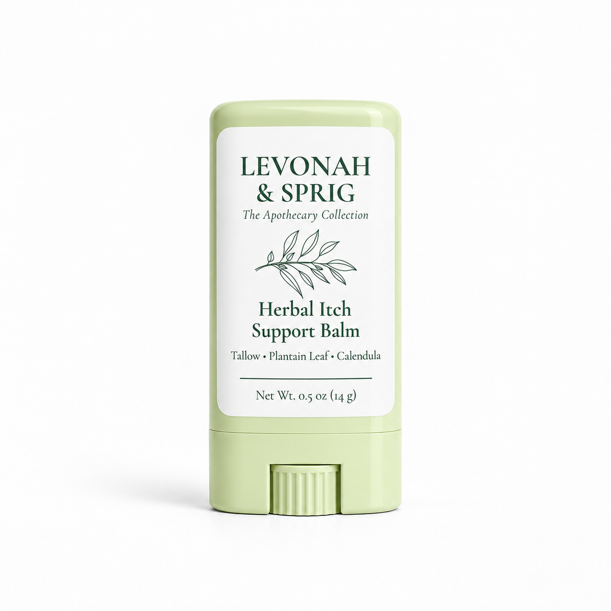 A stick container of Levonah & Sprig Herbal Itch Support Balm in a pale sage green color with a white label, shown on a clean white background.