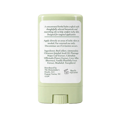 Back of LEVONAH & SPRIG Herbal Itch Support Balm showing ingredients, directions, batch information, and distributor details.
