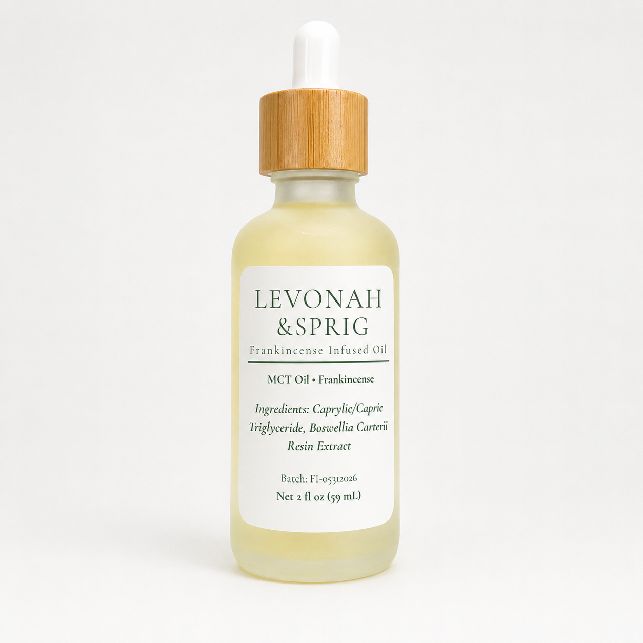 Levonah & Sprig Frankincense Infused Oil in a 2 fl oz frosted glass dropper bottle with a bamboo cap, featuring an MCT oil and frankincense formula, photographed on a clean white background.
