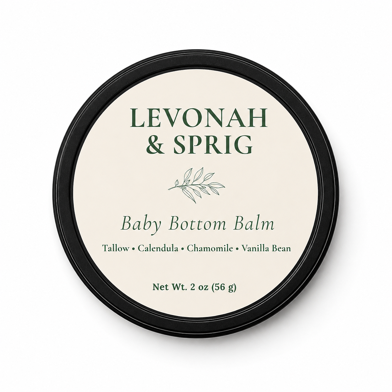 Levonah & Sprig Baby Bottom Balm in a 2 oz matte black tin with a cream botanical label, handcrafted tallow balm for delicate baby skin on a white background.