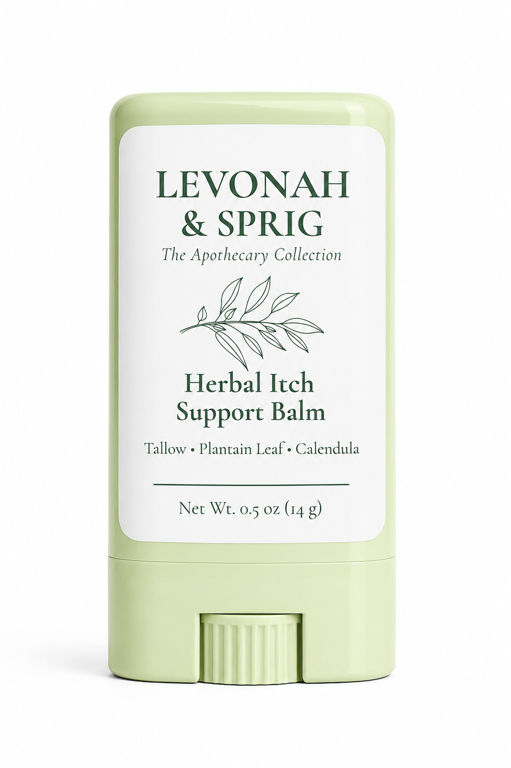 Levonah & Sprig Herbal Itch Support Balm in a sage green twist-up tube with botanical label on a white background.