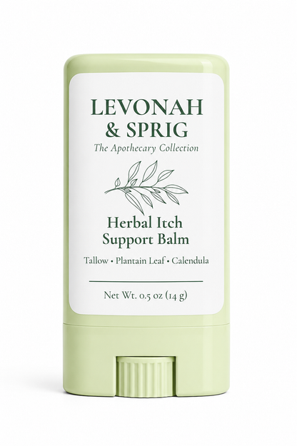 Levonah & Sprig Herbal Itch Support Balm in a sage green twist-up tube with botanical label on a white background.